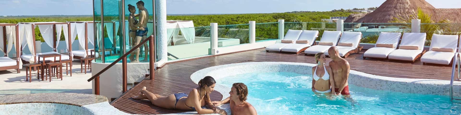 Rooftop Jacuzzi Lounge at Desire Resort Riviera Maya. 